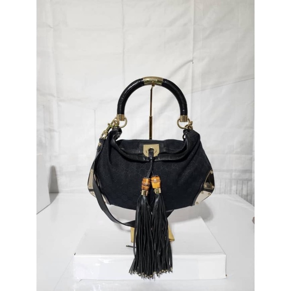 Authentic Gucci GG Canvas and Leather Medium Babouska Indy Hobo Bag Black - Picture 1 of 12